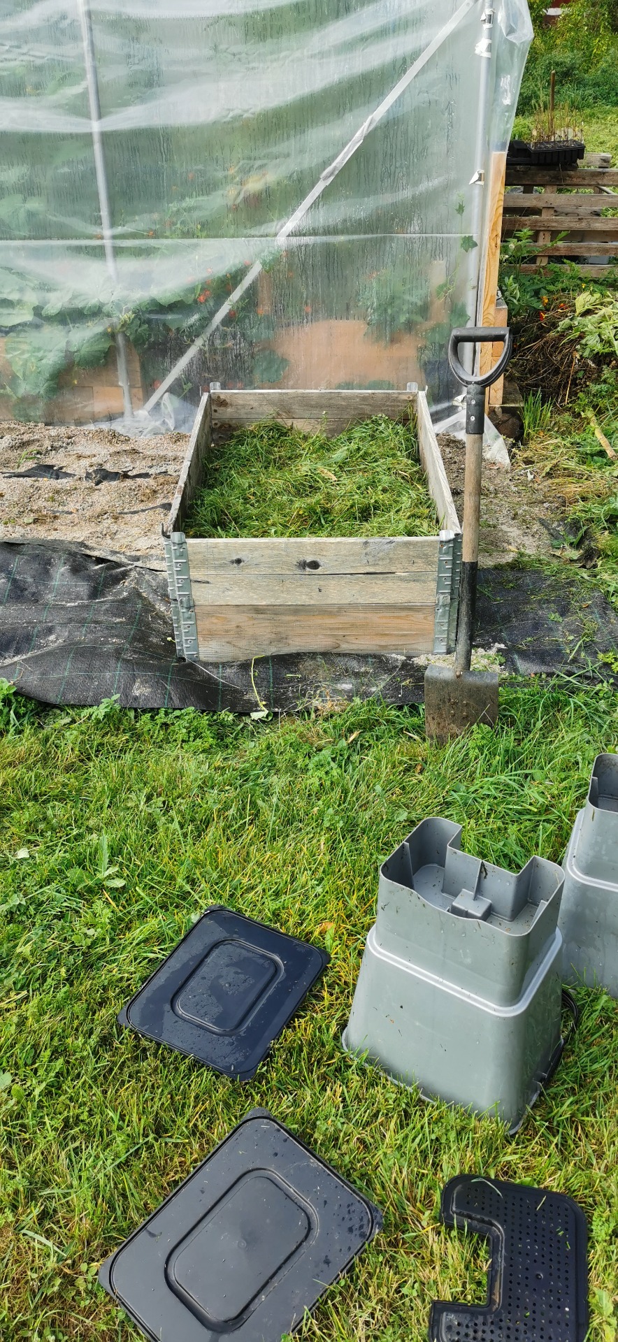 Min jordfabrik täckt med färskt gräsklipp.